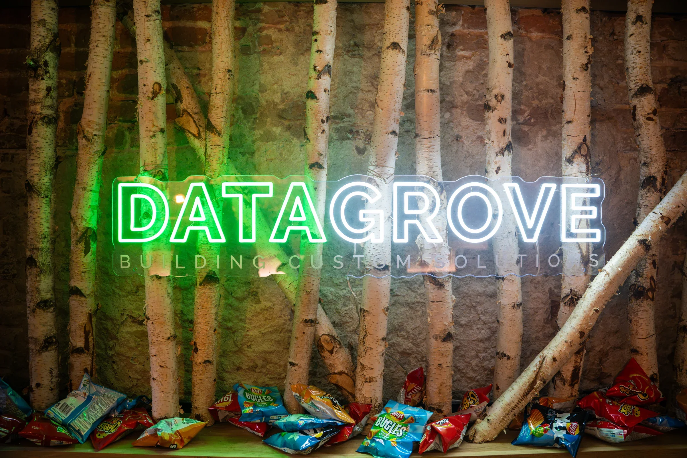 The Datagrove neon logo at the office on the Herengracht
