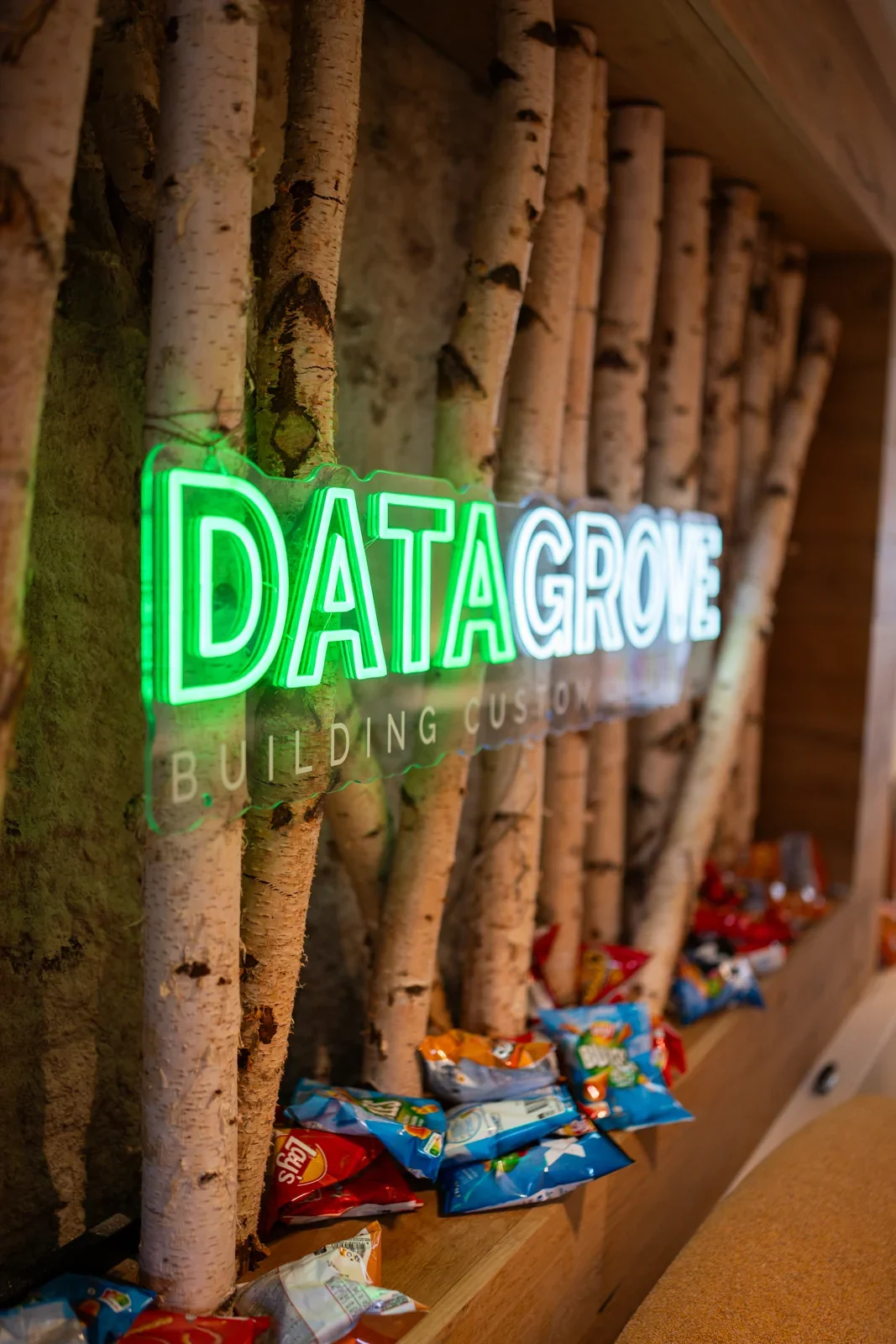 Het neonlogo van Datagrove tussen de berkenstammen